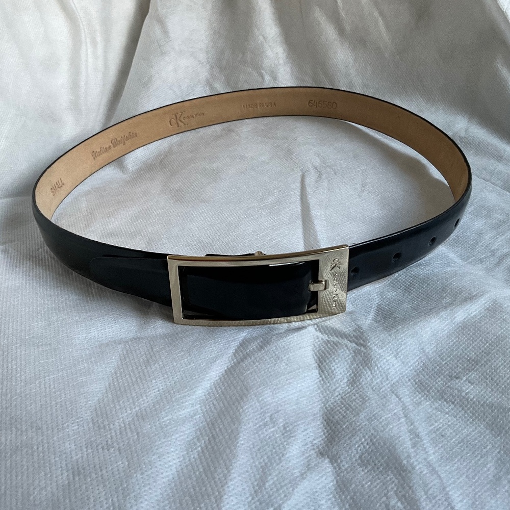 Calvin Klein Black Italian Calfskin 1” belt with gold rectangle buckle